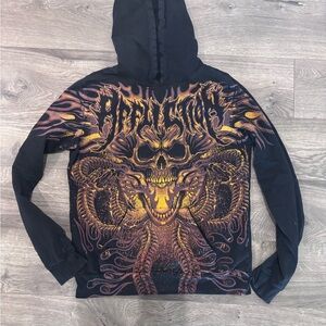 Affliction Black Pullover Hoodie with Orange and Gold Skull Serpent Graphic